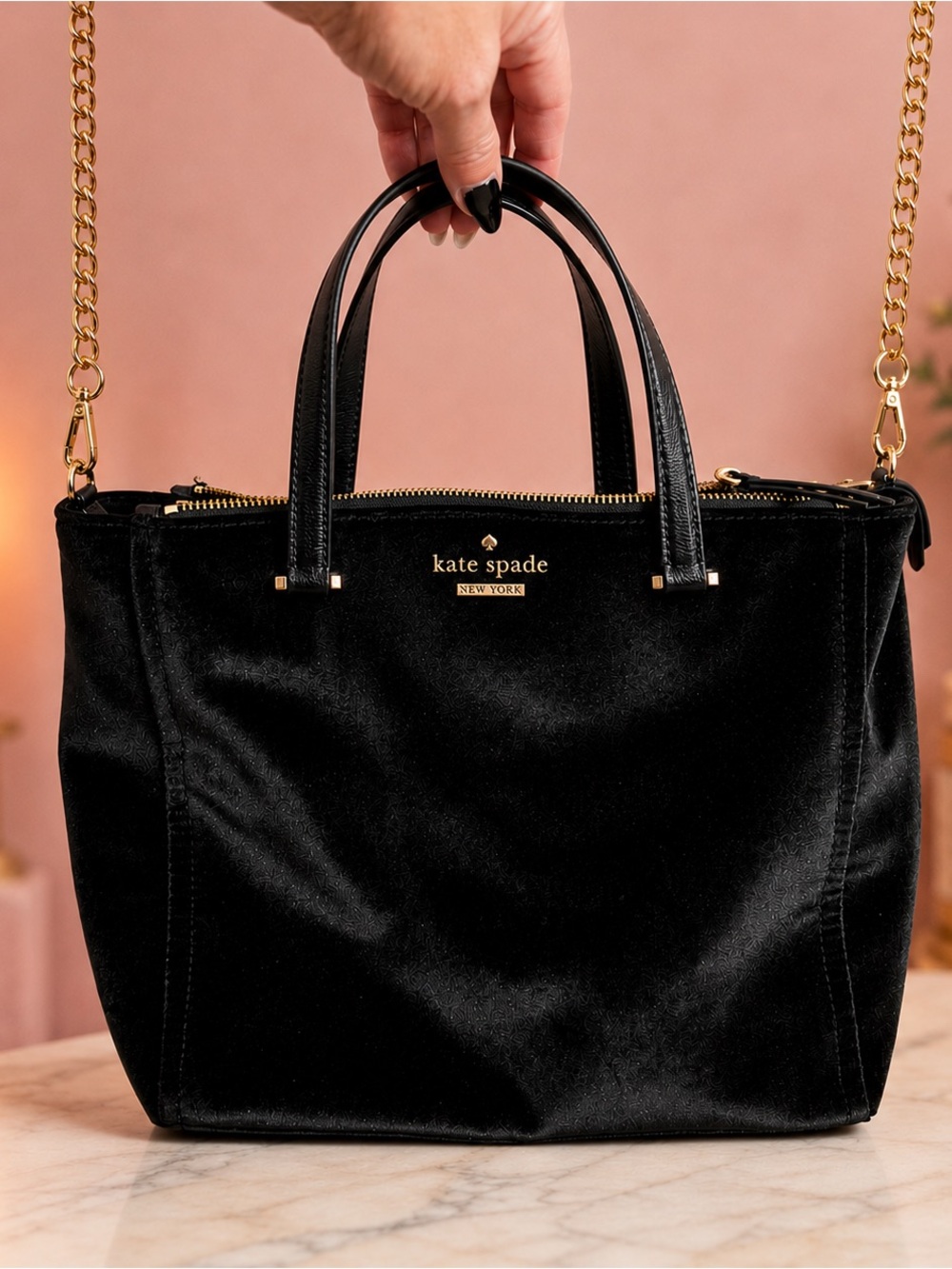 KATE SPADE New York Black Velvet Satchel Tote Gold Chain Luxury